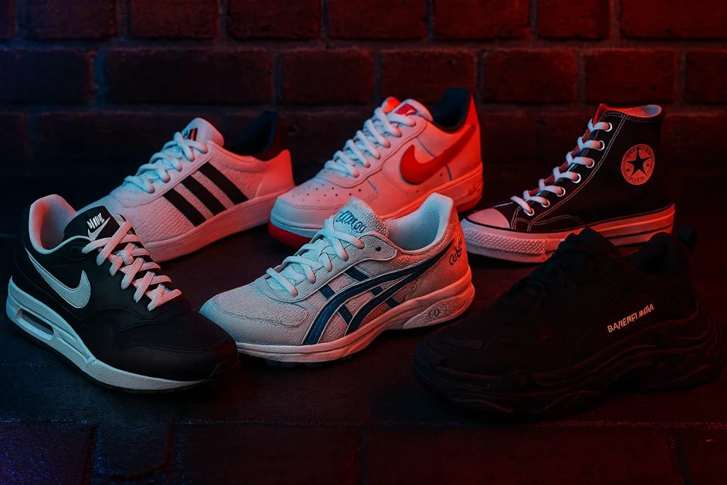 کتونی نایک، آدیداس، اسیکس، بالنسیاگا و کانورس اورجینال در یک قاب تبلیغاتی با نورپردازی حرفه‌ای.