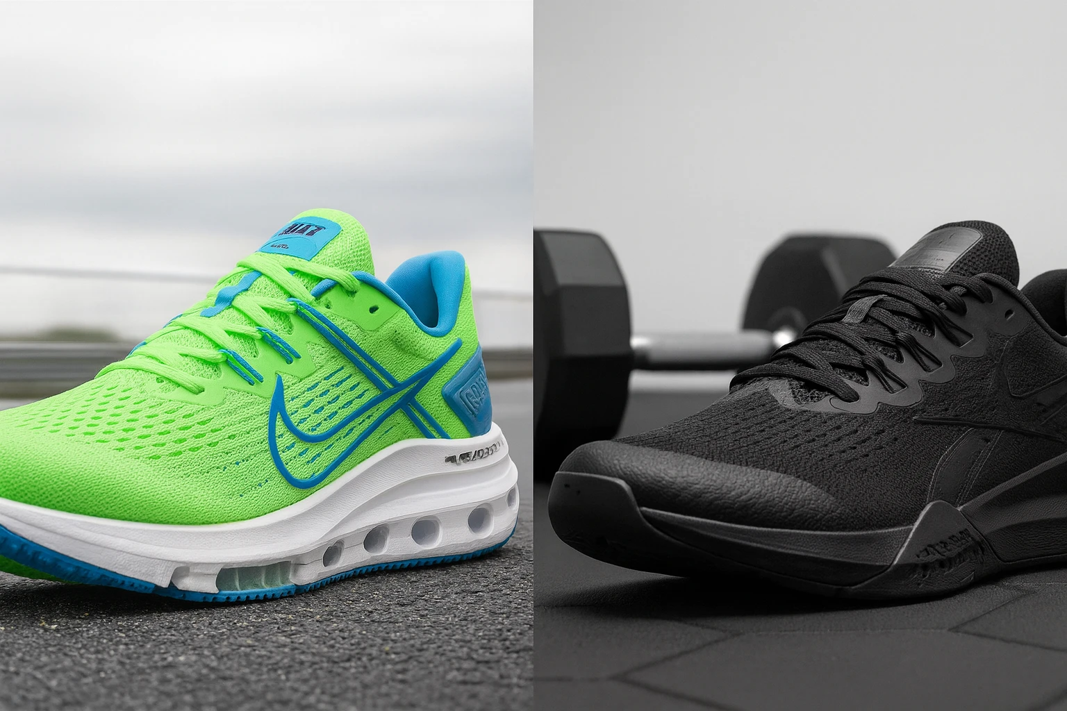 تصویر مقایسهای از کفش رانینگ سبز و کفش ترینینگ مشکی روی سطح ورزشی