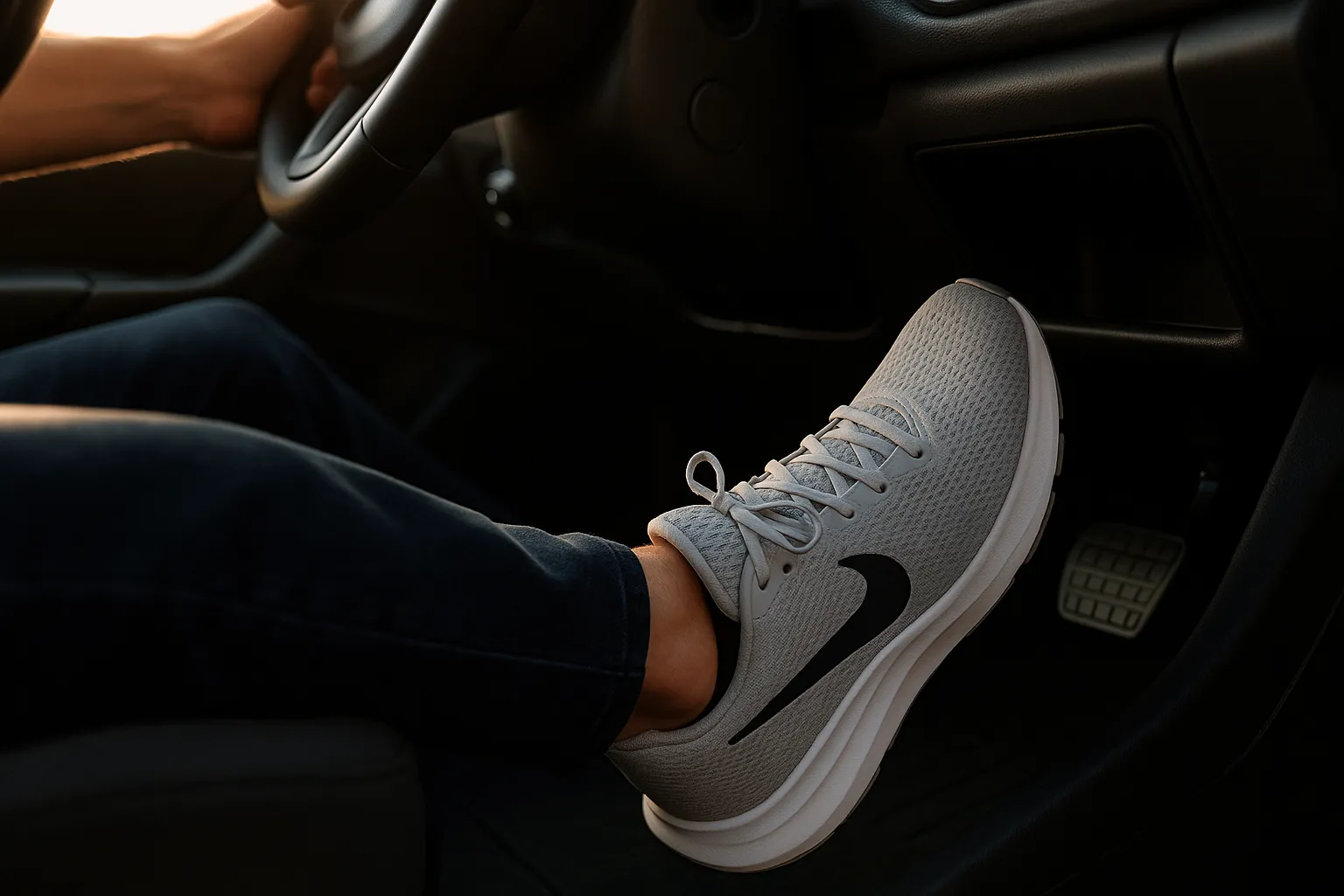 نمای نزدیک از پای راننده روی پدال با کتونی ورزشی مناسب رانندگی در نور طبیعی صبحگاهی.