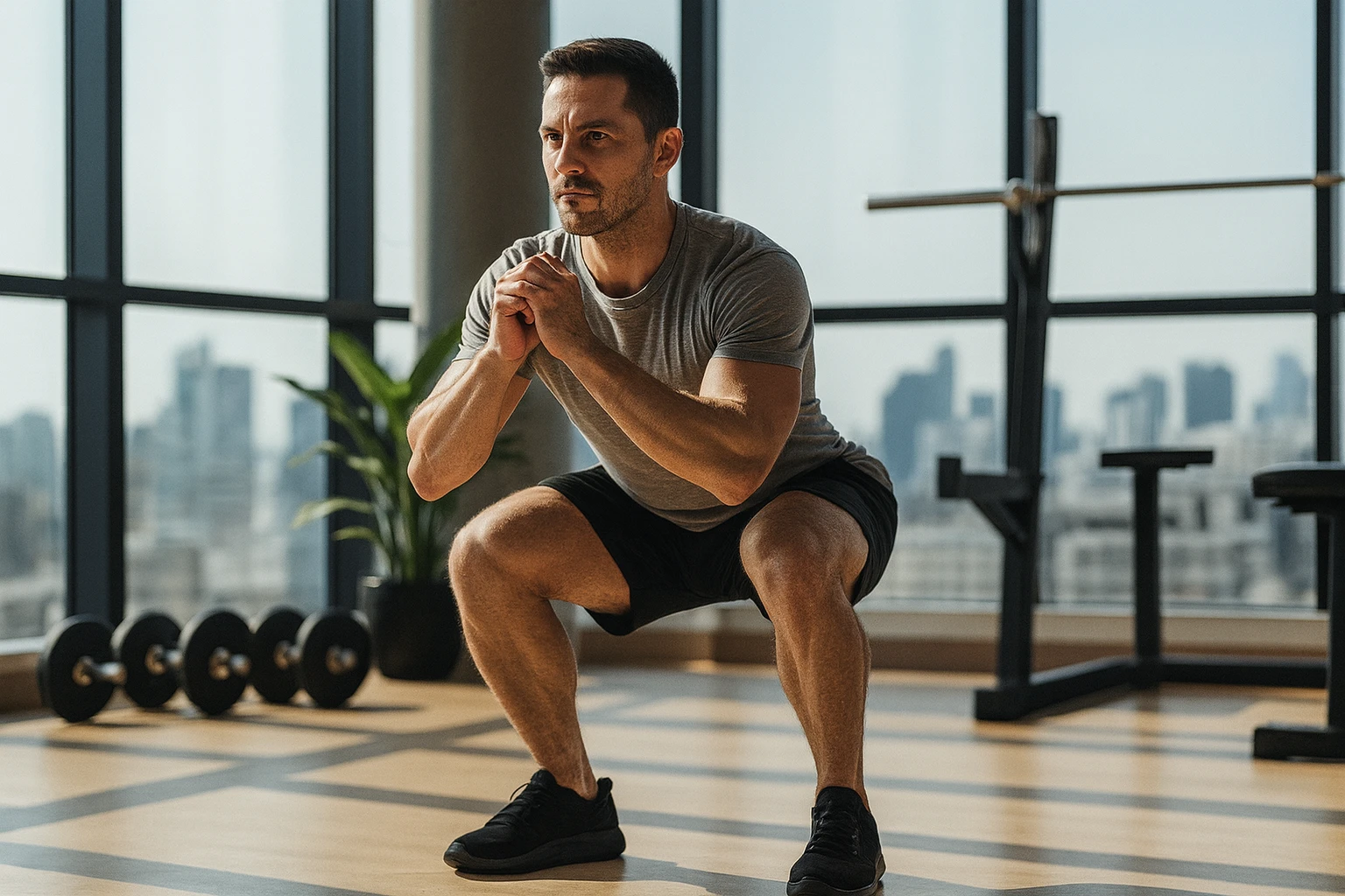 مرد در حال اسکوات در باشگاه با کفش مشکی ترینینگ