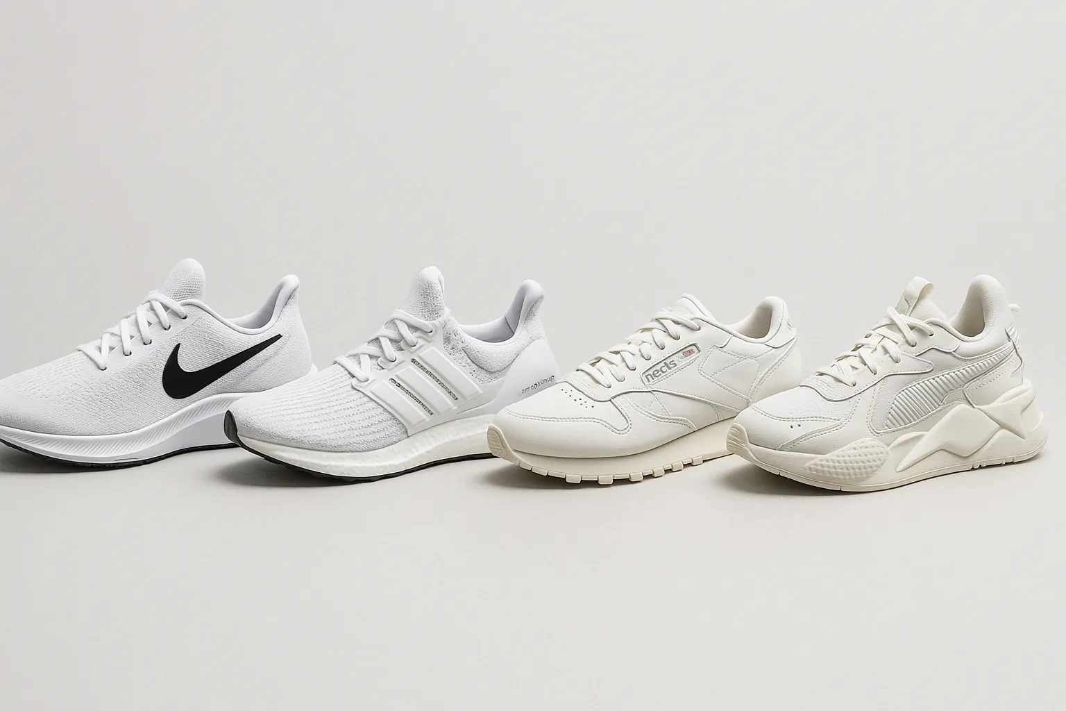 ردیف چهار کتونی ورزشی مناسب رانندگی از برندهای نایک، آدیداس، ریباک و پوما روی پسزمینه سفید.