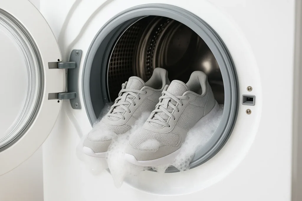 تصویر شستن کتانی در ماشین لباسشویی با کف و حباب سفید