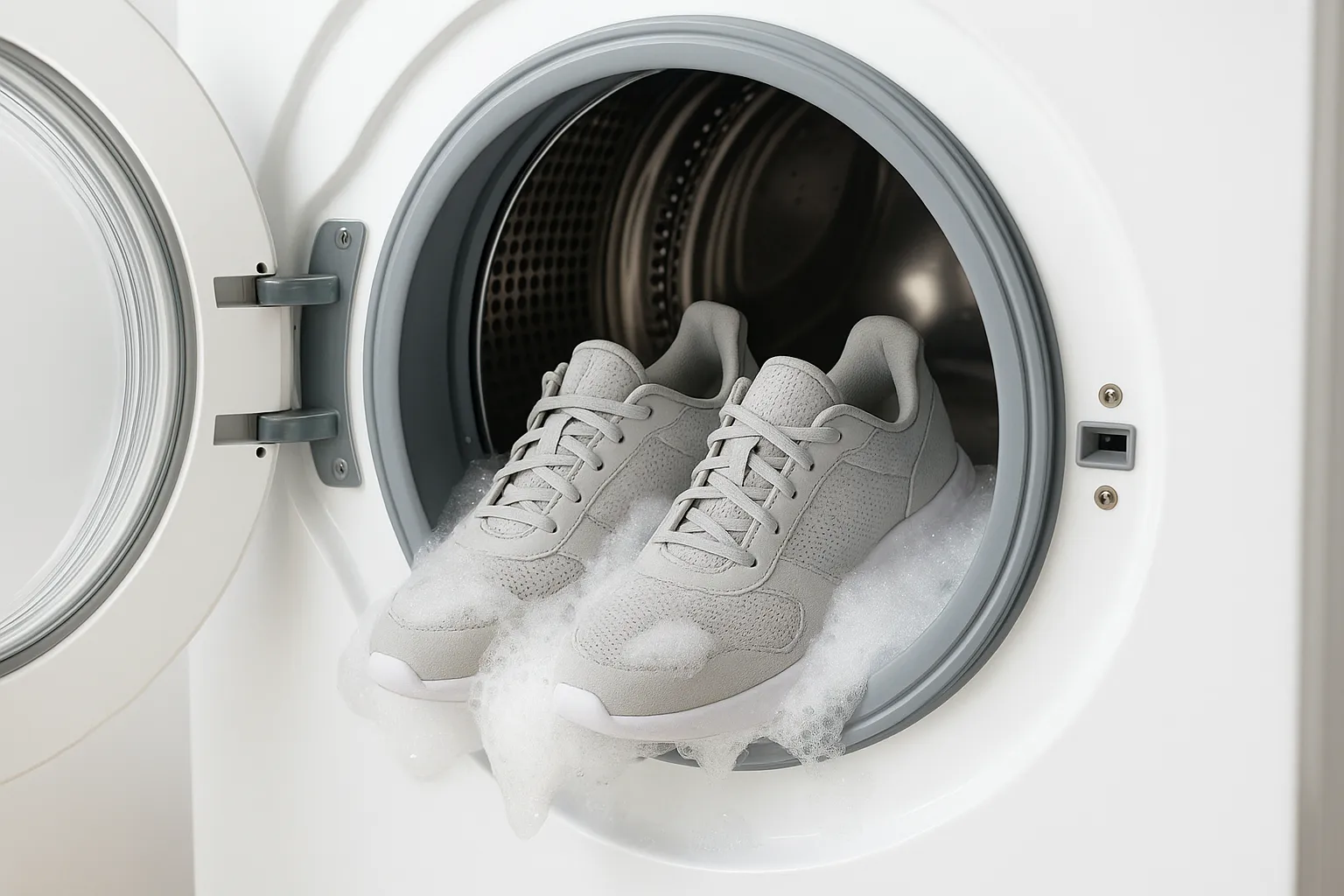 تصویر شستن کتانی در ماشین لباسشویی با کف و حباب سفید