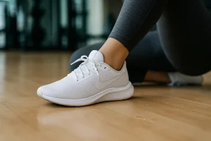 نمای نزدیک از کفش ایروبیک سفید روی زمین باشگاه