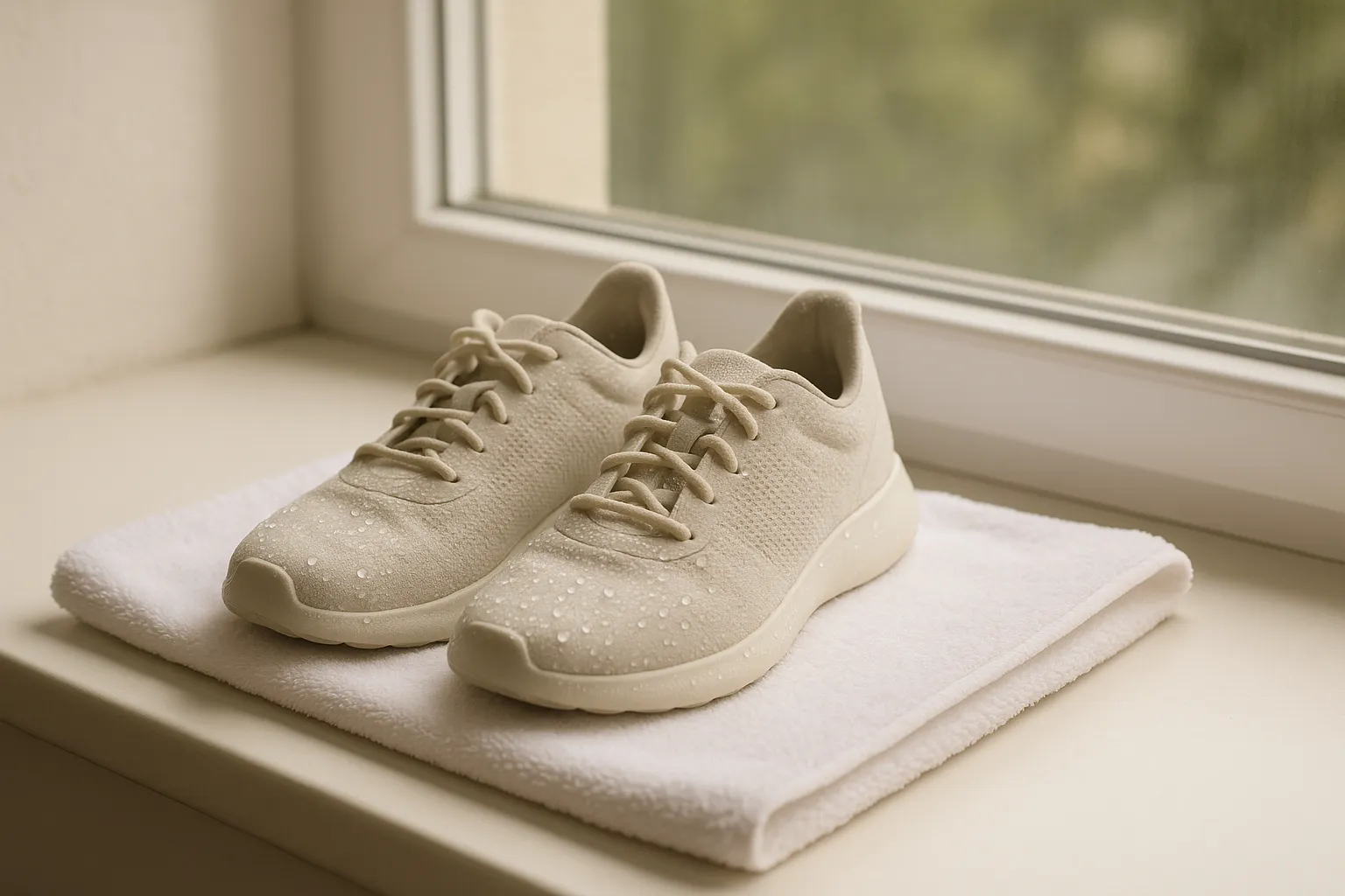 کتانیهای خیس پس از شستن کتانی در ماشین لباسشویی روی حوله سفید