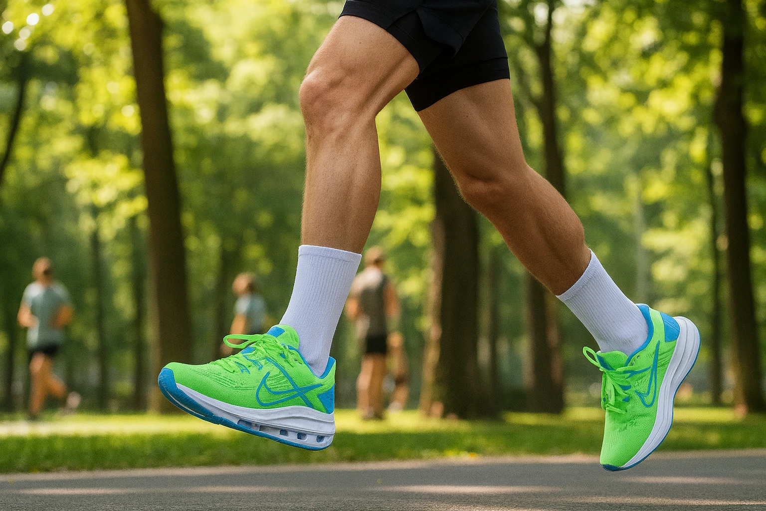 دونده در پارک با کفش رانینگ سبز در حال حرکت و تمرین
