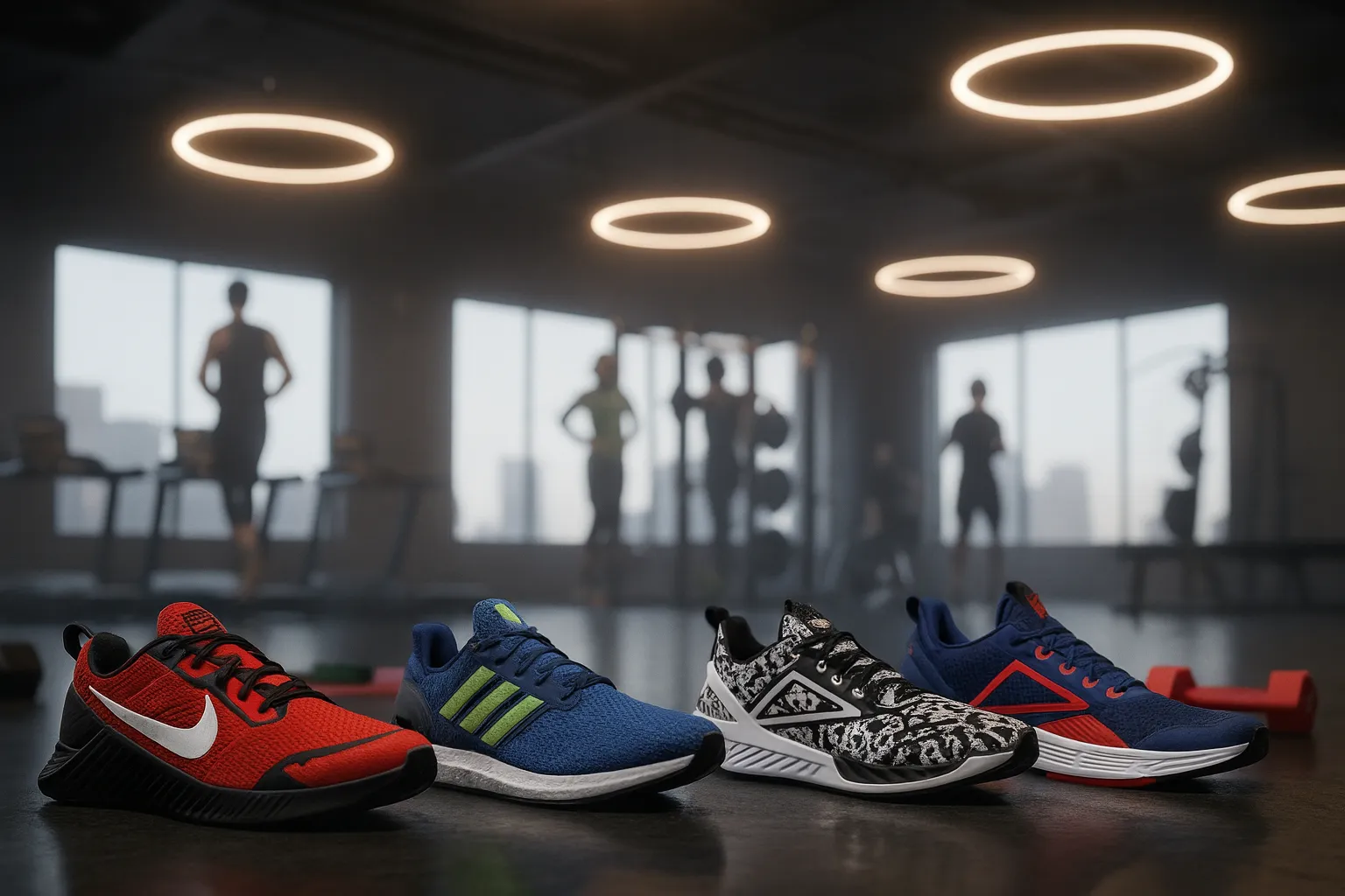 کتونی‌های ورزشی روی زمین باشگاه برای خرید کتونی مناسب تمرین در باشگاه.