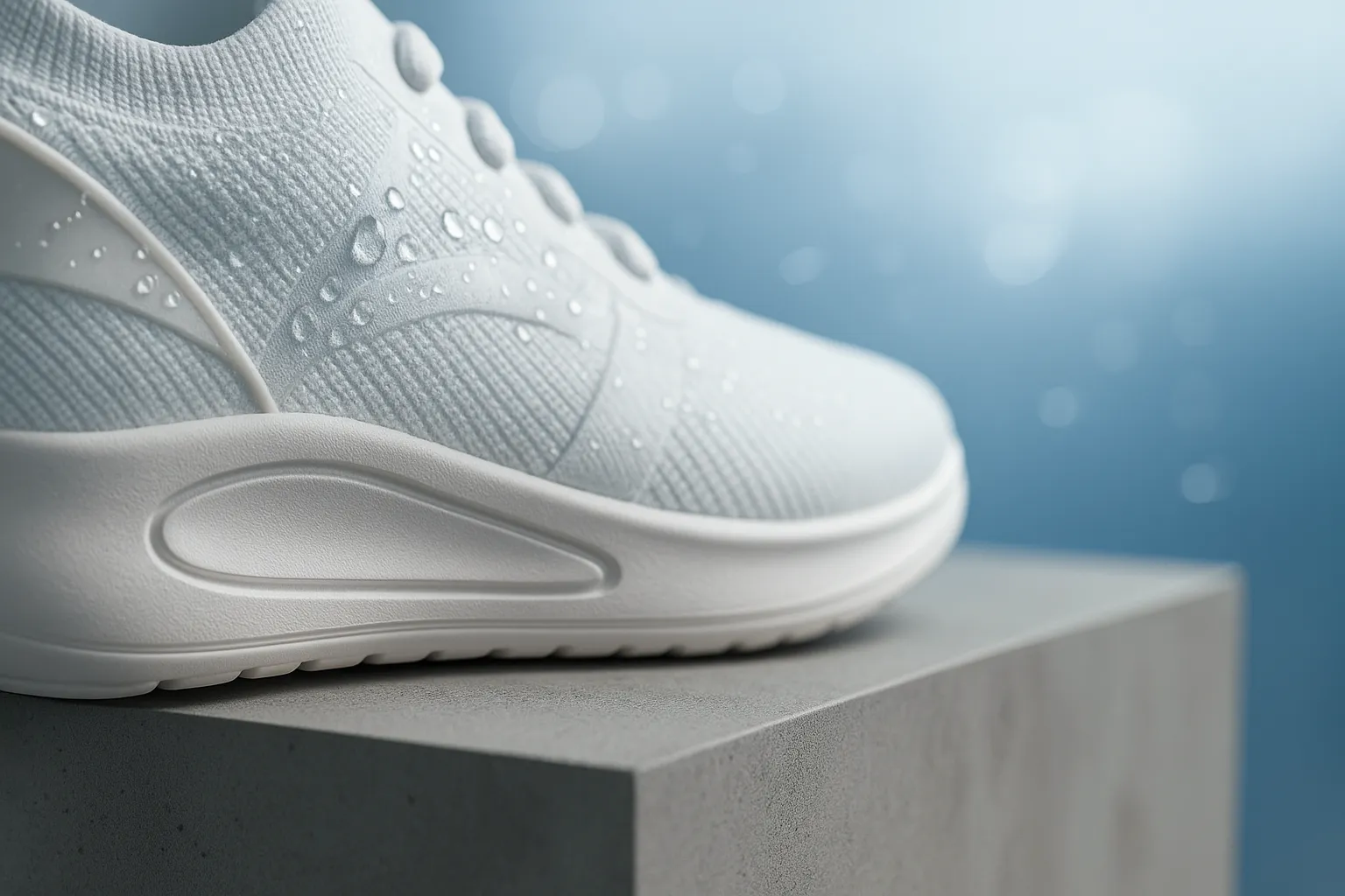 نمای افقی کتونی مشبک سفید با قطرات آب مناسب بهترین کتونی مردانه 2025